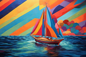 A colorful ship sails through the deep blue sea, an artistic exploration of geometric beauty and abstract allure.