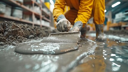 A worker troweling wet concrete onto a cement floor. - obrazy, fototapety, plakaty