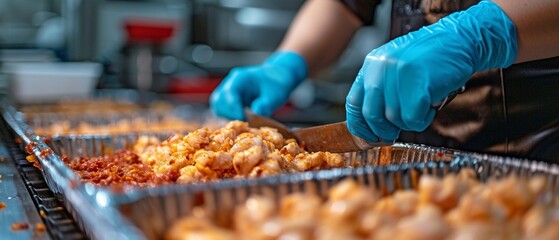 Obraz premium The neck of a chicken is sliced by workers donning blue gloves before an automated equipment.