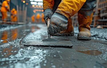 A worker troweling wet concrete onto a cement floor.