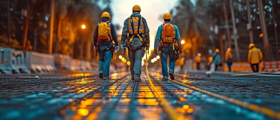 On a building site, employees are outfitted with protective safety harnesses and rope access. - obrazy, fototapety, plakaty