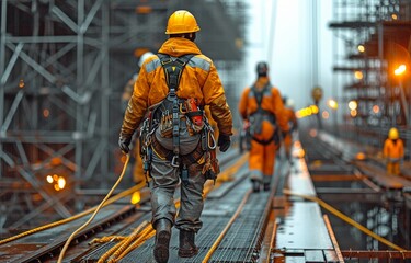 On a building site, employees are outfitted with protective safety harnesses and rope access.