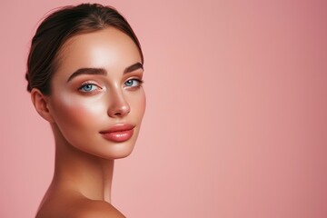 Fototapeta premium Portrait of a young woman with flawless makeup, highlighting her radiant and perfectly smooth skin on a soft pink background.
