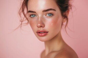 Fototapeta premium Portrait of a young woman with flawless makeup, highlighting her radiant and perfectly smooth skin on a soft pink background.