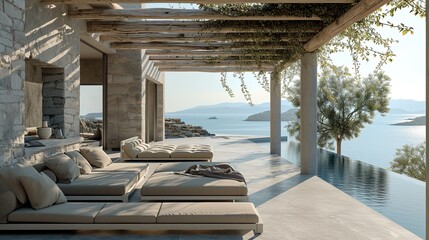 Minimalist greek resort by the sea. Indoor outdoor space with lounging furniture, with cushions and throw. Copy space for text.