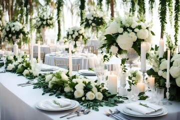 A tale of love in white and green unfolds on the wedding table, where elegance meets the freshness of a new journey