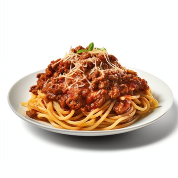 a beef spaghetti, studio light , isolated on white background