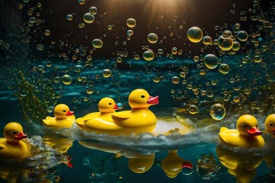 Charm meets abstraction: a surreal artwork adorned with playful elements, starring a yellow rubber duck taking center stage in a bubble bath tableau
