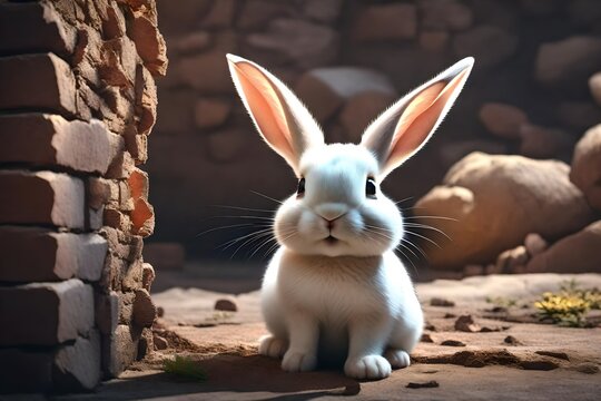 Joyful realism captured: a 3D render presents a happy, smiling baby rabbit looking through a delightful broken wall with innocence