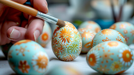 Hand painting colorful easter eggs close-up view on white desk. 