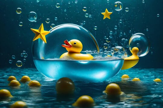 Artistic fantasy takes flight: surreal abstract masterpiece featuring playful elements, with a yellow rubber duck as the whimsical star in a bubble bath
