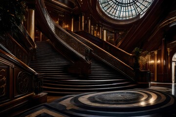 Regal stairwell, boasting exquisite railings and recently replaced steps, inviting a majestic climb to sophistication and grandeur - obrazy, fototapety, plakaty