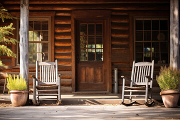 Fototapeta na wymiar Front Porch of Rustic Log Cabin with Wooden Adirondack Chairs