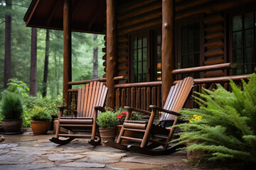 Obraz premium Front Porch of Rustic Log Cabin with Wooden Adirondack Chairs