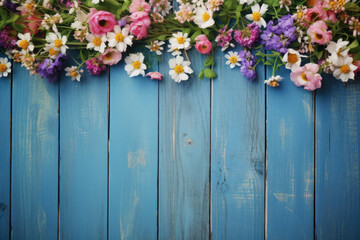 Fototapeta na wymiar Garden flowers over blue wooden table background. Backdrop with copy space