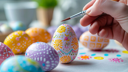 Hand painting colorful easter eggs close-up view on white desk. 