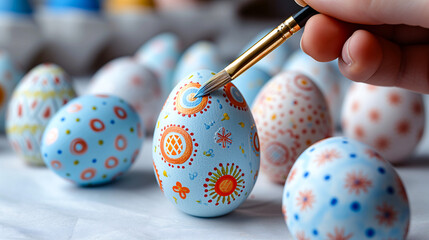 Hand painting colorful easter eggs close-up view on white desk. 