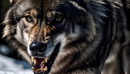 A snarling wolf with a white snout and brown eyes.
