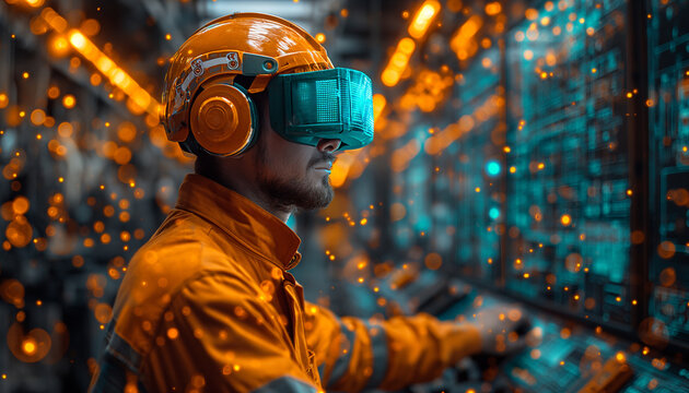 A male engineer in a safety helmet uses VR virtual reality glasses among industrial robotic arms in a control room.