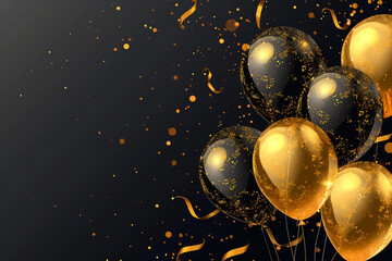 "Luxury Greeting with Gold Balloons: Perfect for Grand Celebrations, Openings, and Birthday Fests, set against a Soft Black Background adorned with a Variety of Gold and Black Balloons."