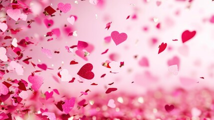 Valentine's Day background. A lot of pink red white mini hearts fall on to the ground on pink backgrounds.