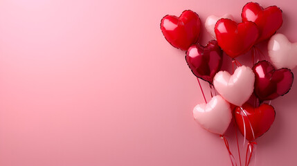 Valentine's day background with red and pink hearts like balloons on pink background, flat lay. copy space. generative ai