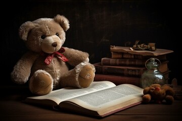 An adorable teddy bear with a magical book. Generative AI