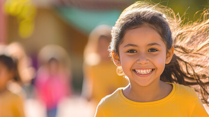 Joyful Young Girl Running Outdoors with Friends.A young girl with a bright smile running in the sun, with blurry friends in the background, depicting childhood joy and activity.