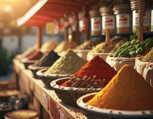 close-up market stall selling many kind of spice, idea for local business vendor support the