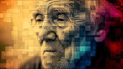 Concept of digitized memories. Old face transitioning from sepia tones to vibrant pixels