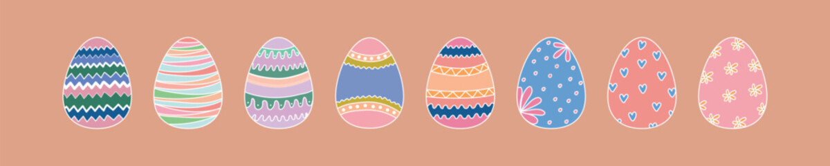 Easter eggs stickers. Colorful painted Easter eggs. Coloring book for Easter.