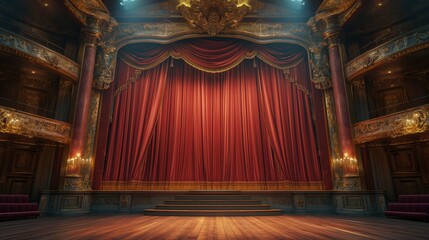 Empty stage theater with magnificent maroon curtains.