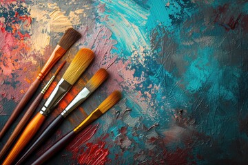 Paint brushes on creative oil abstract paint background.