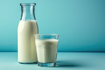 Milk in the glass and bottle on blue background.