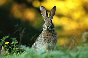 Brown rabbit standing in a field.
