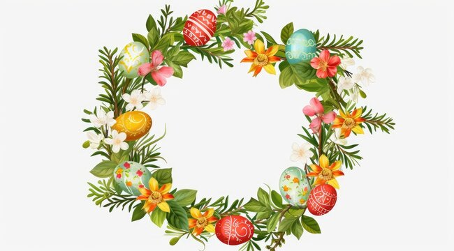 Easter wreath of herbs, flowers and Easter eggs