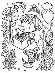 cartoon child receiving extraordinary gifts on their magical birthday, such as a flying broomstick or a talking pet , black and white svg 31