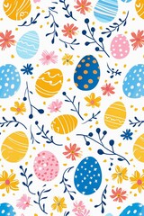 Fototapeta na wymiar White background with flowers and Easter eggs. Easter background. Spring background