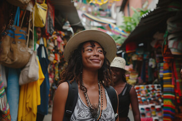 Fototapeta premium An African-American girl in a traditional Latin market. travel concept.