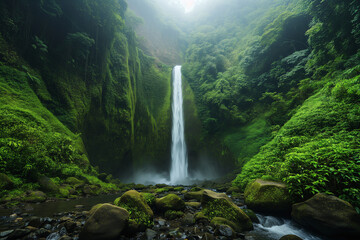 A hidden waterfall in a jungle paradise in Latin America.