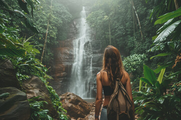 latina girl looking at a waterfall hidden in the jungles. concept of adventure. - obrazy, fototapety, plakaty