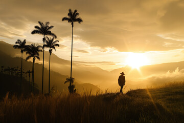 Silhouette of a man at sunset in the cocora valley. hiking and travel concept.