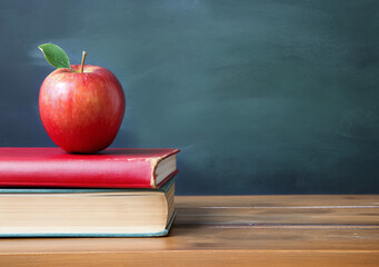 Red apple on a stacked books. Wooden table and green chalkboard. Generative AI illustration. Teachers Day concept. 