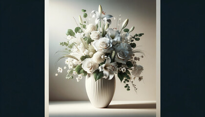 A sophisticated display of white flowers artistically arranged in a vase, captured in a 16
:9 aspect ratio. The vase is modern and elegant,