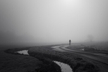 Man riding a bike in the fog - obrazy, fototapety, plakaty