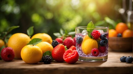 Naklejka na ściany i meble Energy drink using vibrant fruits, 8K ultra HD artistic photograph, close-up view