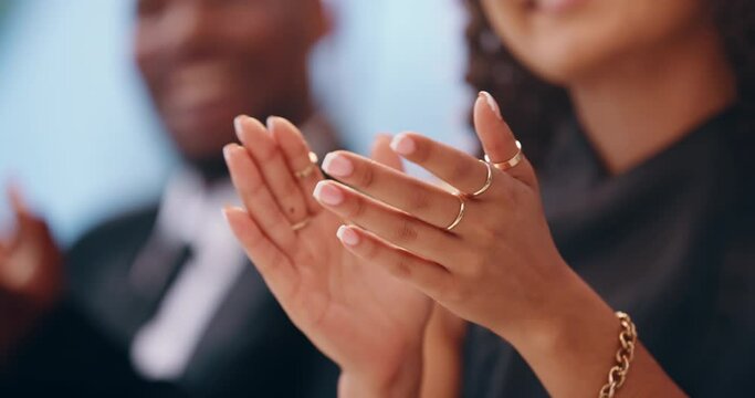 Business, closeup and woman with applause, employee and office with celebration, promotion and achievement. Person, hands and worker clapping, conference and feedback with review, happiness and event