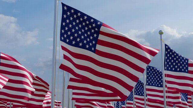 Waving flags of the United States of America. Happy Independent Day. 3D Realistic waving Flags of USA blowing in the wind. High resolution digital render of National flags flying in the wind.