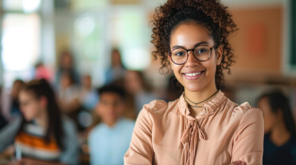 Happy Female Teacher in Classroom with Students.Joyful female teacher with curly hair and glasses smiling in front of a classroom with students working in the background.