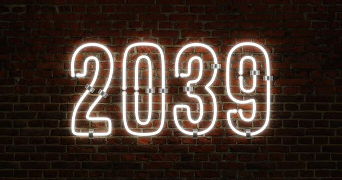 3D 2039 Happy New Year Neon Light Flickering Animation Shining Over a Brick Wall Background